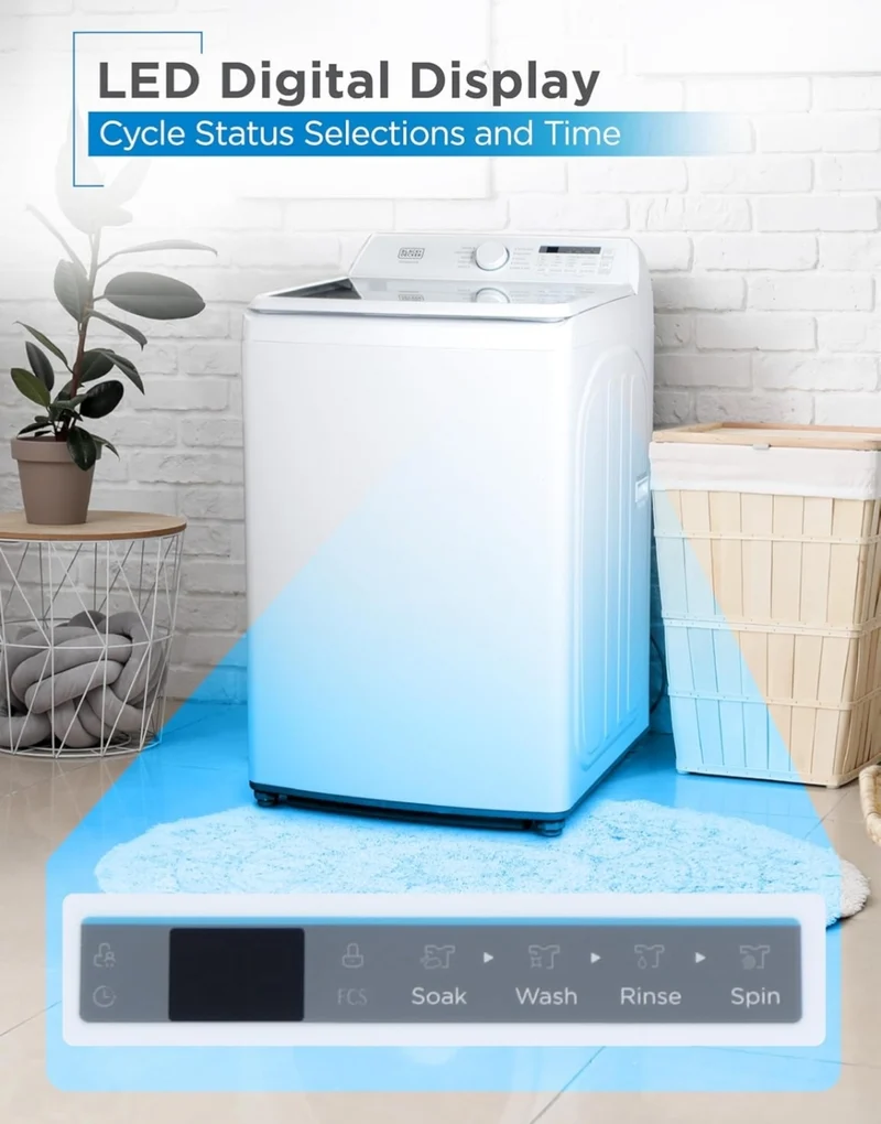 BLACK+DECKER 4.1 Cu. Ft. Top Loading Washing Machine with Agitator, Full Size Washing Machine with Glass Lid and Stainless Steel Tub, Machine with LED Display, 10 Wash Cycles, 120V, BTLW41MW, White