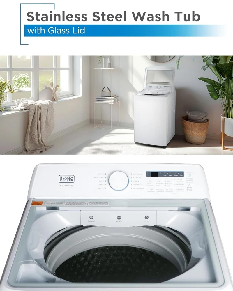 BLACK+DECKER 4.1 Cu. Ft. Top Loading Washing Machine with Agitator, Full Size Washing Machine with Glass Lid and Stainless Steel Tub, Machine with LED Display, 10 Wash Cycles, 120V, BTLW41MW, White
