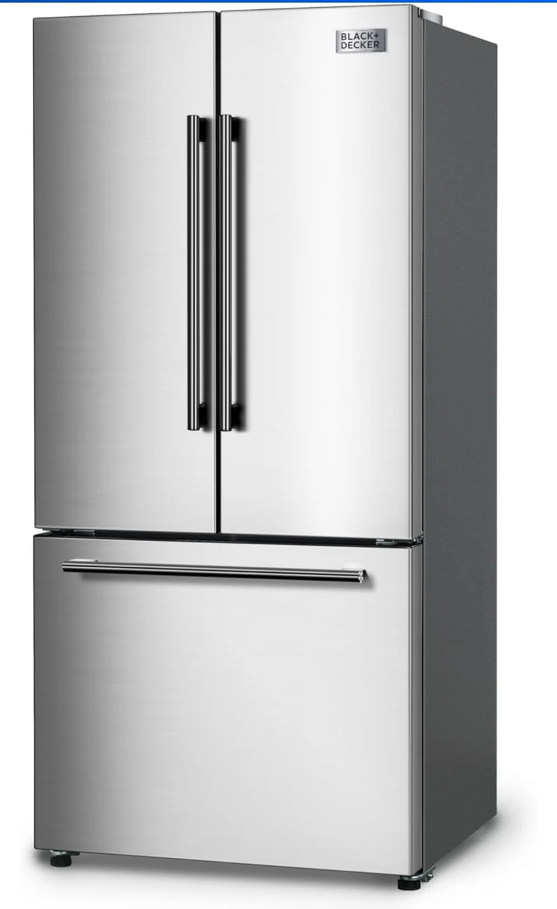 BLACK+DECKER 18 Cu. Ft. French Door Refrigerator with Built-in Ice Maker, Full Size Refrigerator with Bottom Mount Freezer Drawer, Frost Free, ENERGY STAR certified, BRF1800GIMS, Stainless Look