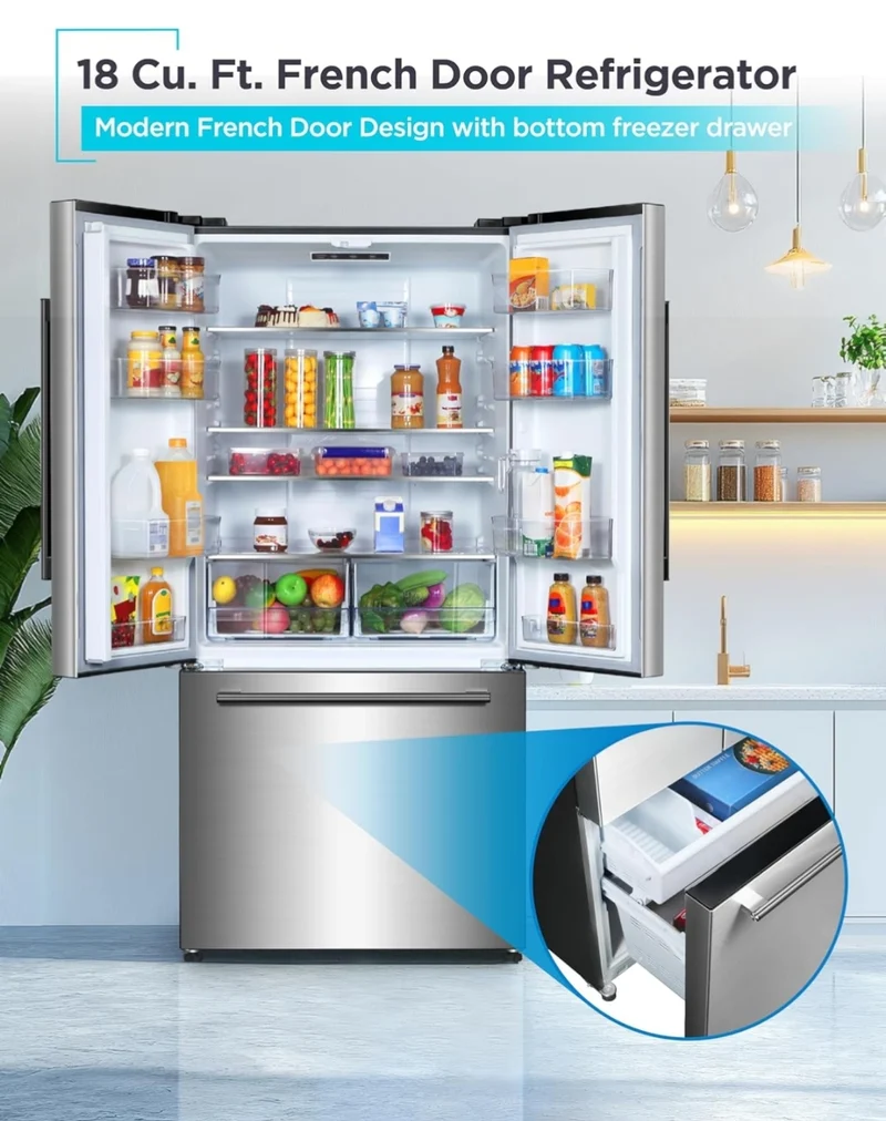 BLACK+DECKER 18 Cu. Ft. French Door Refrigerator with Built-in Ice Maker, Full Size Refrigerator with Bottom Mount Freezer Drawer, Frost Free, ENERGY STAR certified, BRF1800GIMS, Stainless Look