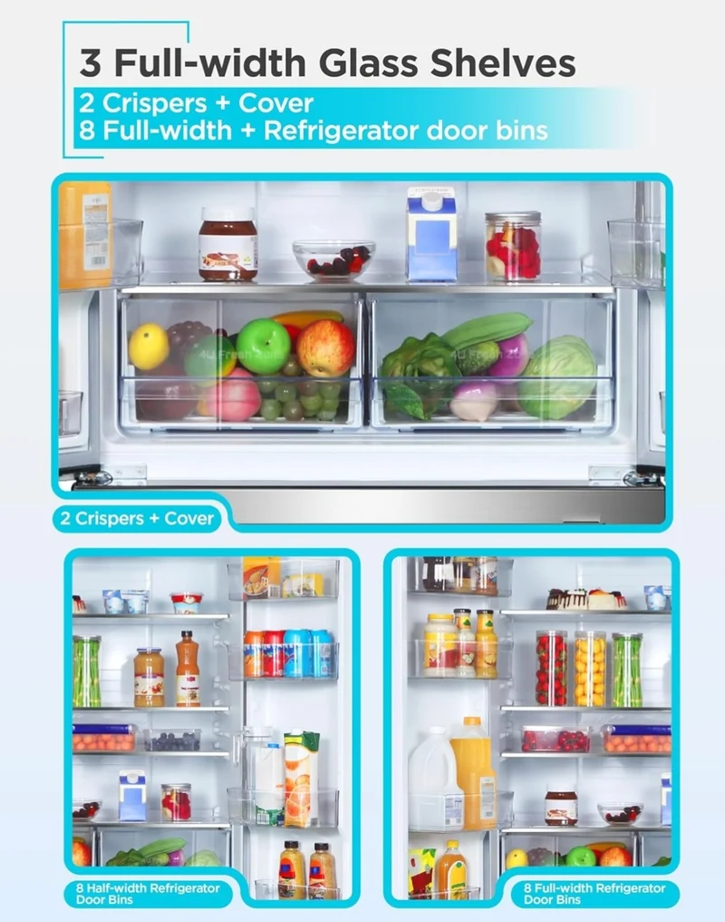 BLACK+DECKER 18 Cu. Ft. French Door Refrigerator with Built-in Ice Maker, Full Size Refrigerator with Bottom Mount Freezer Drawer, Frost Free, ENERGY STAR certified, BRF1800GIMS, Stainless Look