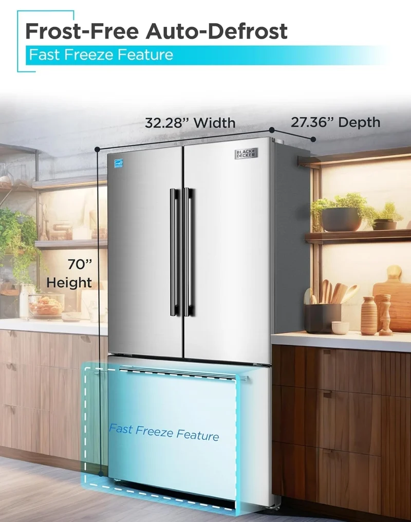 BLACK+DECKER 18 Cu. Ft. French Door Refrigerator with Built-in Ice Maker, Full Size Refrigerator with Bottom Mount Freezer Drawer, Frost Free, ENERGY STAR certified, BRF1800GIMS, Stainless Look