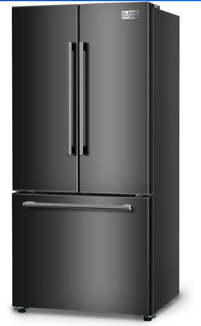 BLACK+DECKER 18 Cu. Ft. French Door Refrigerator with Built-in Ice Maker, Full Size Refrigerator with Bottom Mount Freezer Drawer, Frost Free, ENERGY STAR certified, BRF1800GIMB, Black