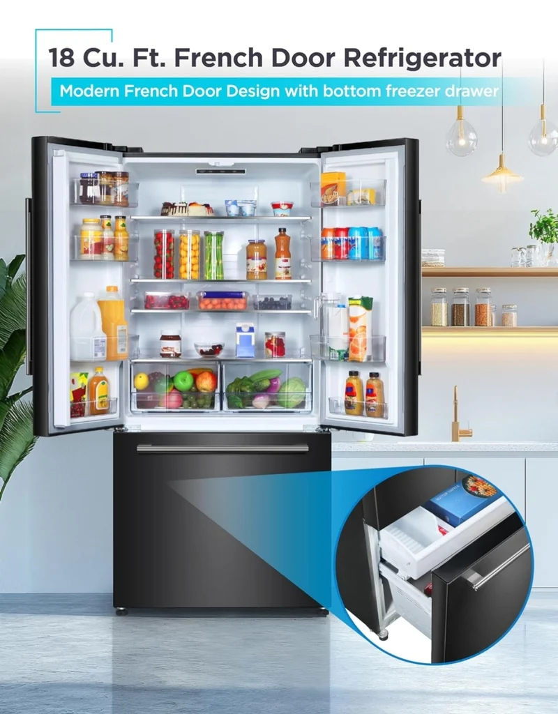 BLACK+DECKER 18 Cu. Ft. French Door Refrigerator with Built-in Ice Maker, Full Size Refrigerator with Bottom Mount Freezer Drawer, Frost Free, ENERGY STAR certified, BRF1800GIMB, Black