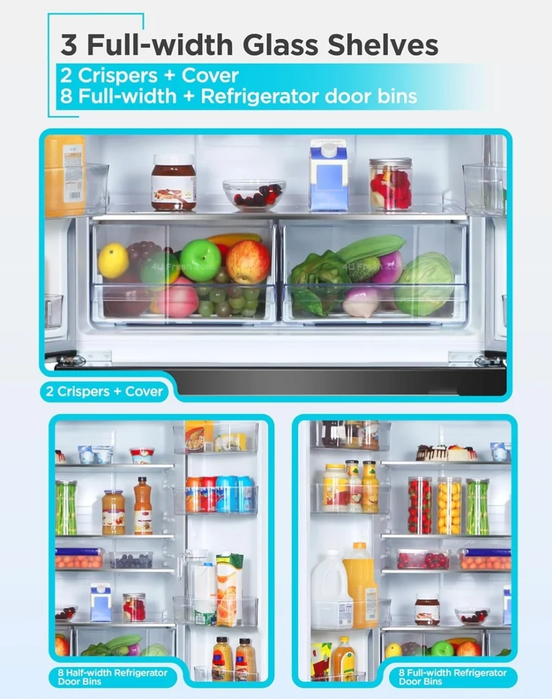 BLACK+DECKER 18 Cu. Ft. French Door Refrigerator with Built-in Ice Maker, Full Size Refrigerator with Bottom Mount Freezer Drawer, Frost Free, ENERGY STAR certified, BRF1800GIMB, Black