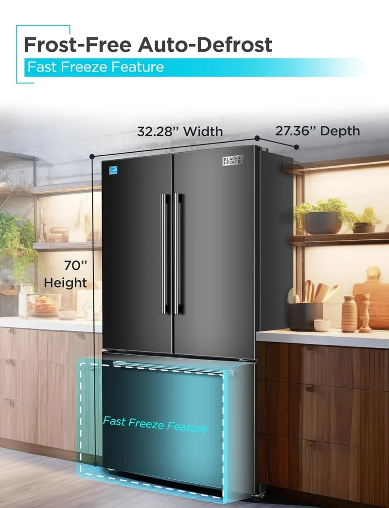 BLACK+DECKER 18 Cu. Ft. French Door Refrigerator with Built-in Ice Maker, Full Size Refrigerator with Bottom Mount Freezer Drawer, Frost Free, ENERGY STAR certified, BRF1800GIMB, Black