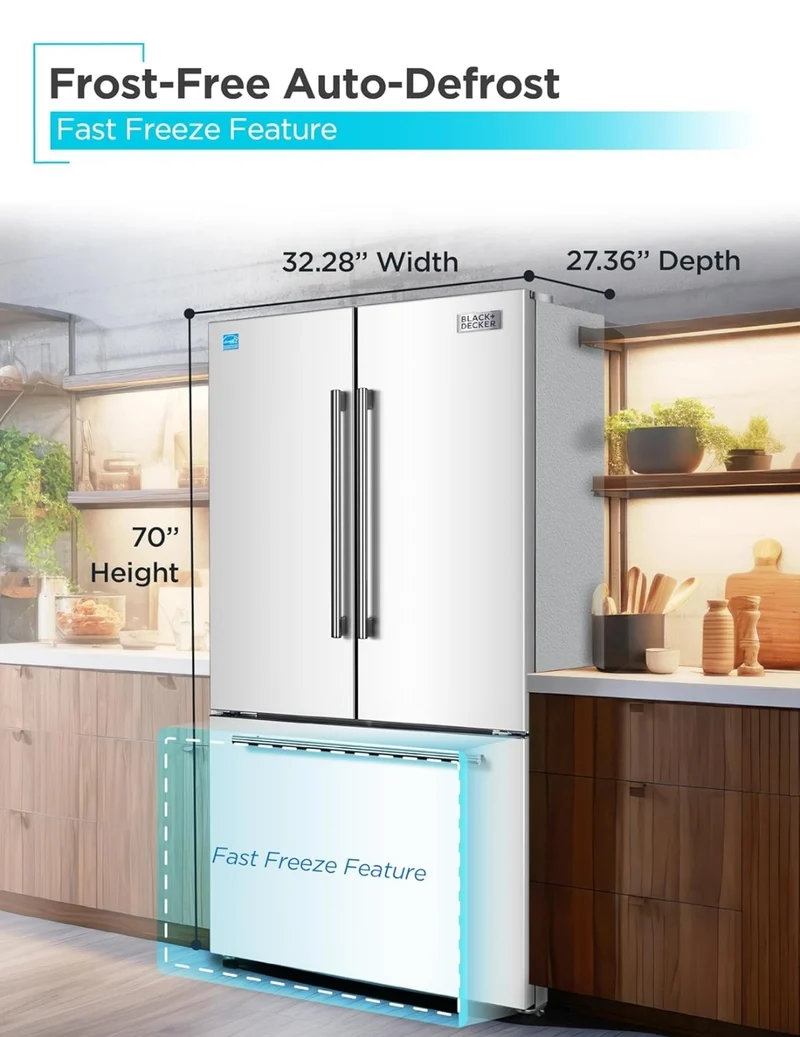 BLACK+DECKER 18 Cu. Ft. French Door Refrigerator with Built-in Ice Maker, Full Size Refrigerator with Bottom Mount Freezer Drawer, Frost Free, ENERGY STAR certified, BRF1800GIMW, White