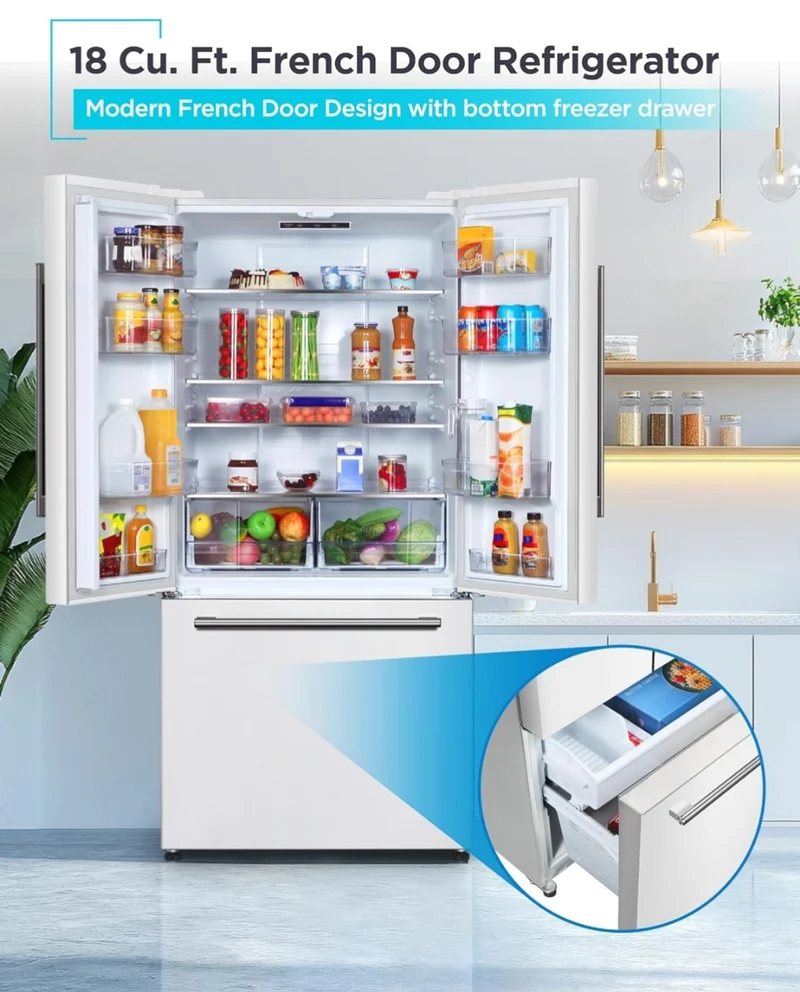 BLACK+DECKER 18 Cu. Ft. French Door Refrigerator with Built-in Ice Maker, Full Size Refrigerator with Bottom Mount Freezer Drawer, Frost Free, ENERGY STAR certified, BRF1800GIMW, White