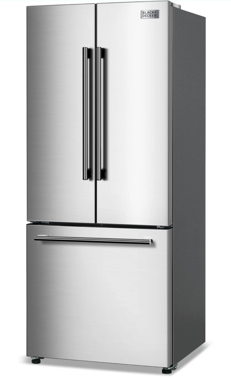 BLACK+DECKER 16 Cu. Ft. French Door Refrigerator with Built-in Ice Maker, Full Size Refrigerator with Bottom Mount Freezer Drawer, Frost Free, ENERGY STAR certified, BRF1600GIMS, Stainless Look
