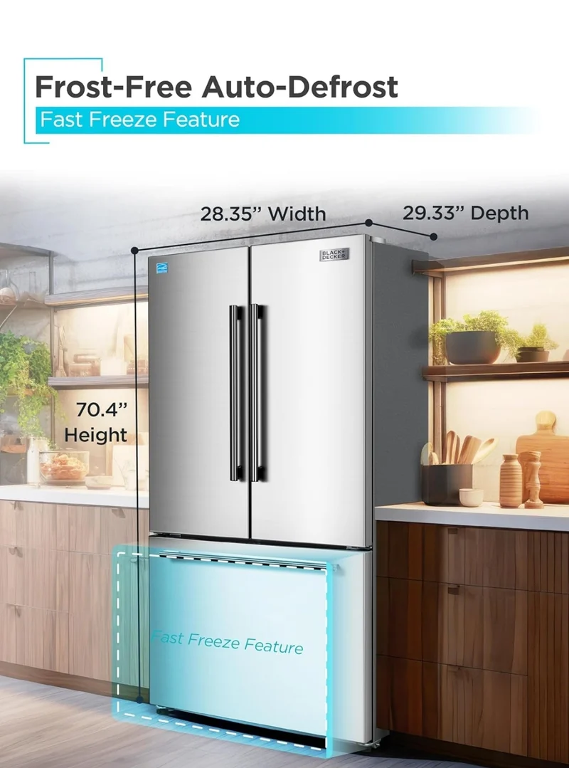 BLACK+DECKER 16 Cu. Ft. French Door Refrigerator with Built-in Ice Maker, Full Size Refrigerator with Bottom Mount Freezer Drawer, Frost Free, ENERGY STAR certified, BRF1600GIMS, Stainless Look