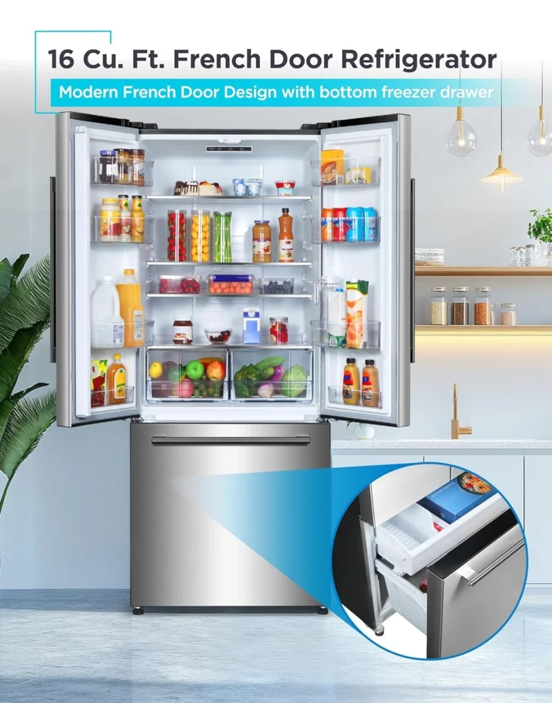 BLACK+DECKER 16 Cu. Ft. French Door Refrigerator with Built-in Ice Maker, Full Size Refrigerator with Bottom Mount Freezer Drawer, Frost Free, ENERGY STAR certified, BRF1600GIMS, Stainless Look