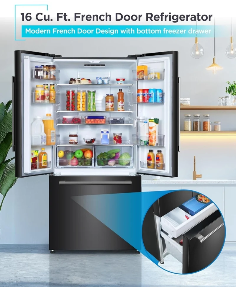 BLACK+DECKER 16 Cu. Ft. French Door Refrigerator with Built-in Ice Maker, Full Size Refrigerator with Bottom Mount Freezer Drawer, Frost Free, ENERGY STAR certified, BRF1600GIMB, Black