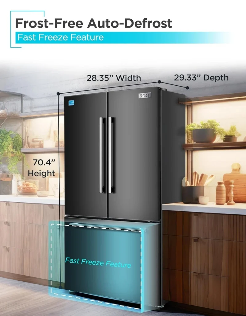 BLACK+DECKER 16 Cu. Ft. French Door Refrigerator with Built-in Ice Maker, Full Size Refrigerator with Bottom Mount Freezer Drawer, Frost Free, ENERGY STAR certified, BRF1600GIMB, Black