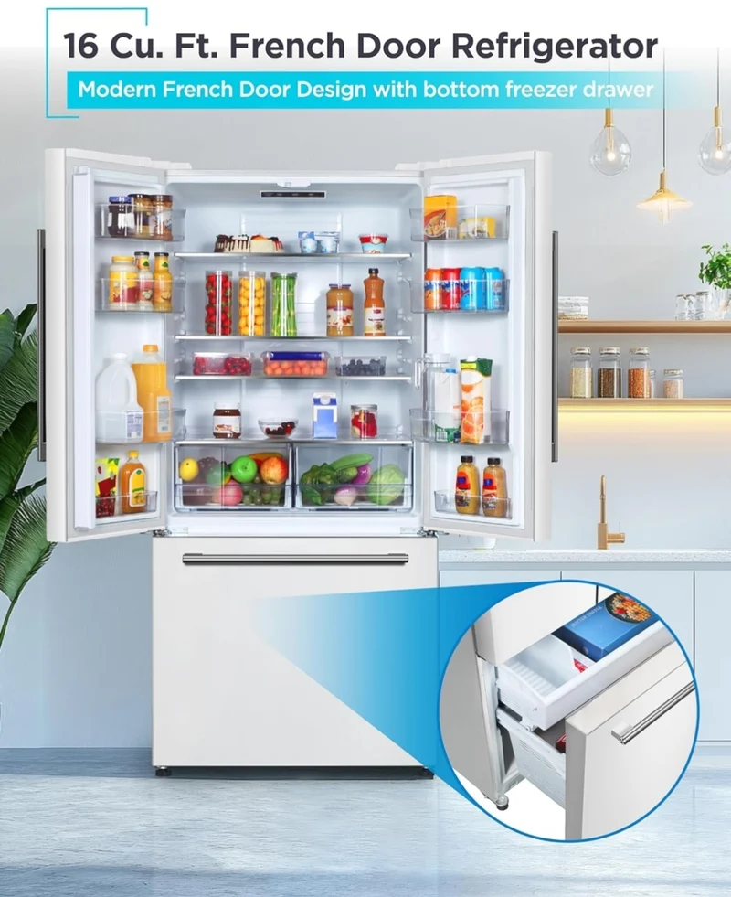 BLACK+DECKER 16 Cu. Ft. French Door Refrigerator with Built-in Ice Maker, Full Size Refrigerator with Bottom Mount Freezer Drawer, ENERGY STAR certified, White