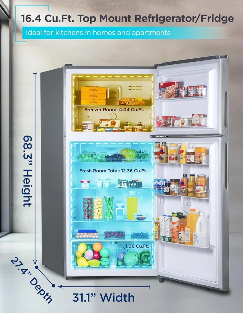 BLACK+DECKER 16.4 Cu. Ft. Top Mount Refrigerator with Freezer, 2 Door Refrigerator with Top Freezer and Separate Temperature Controls, Auto Defrost, Full Size, BR1640KS, Stainless Steel Look