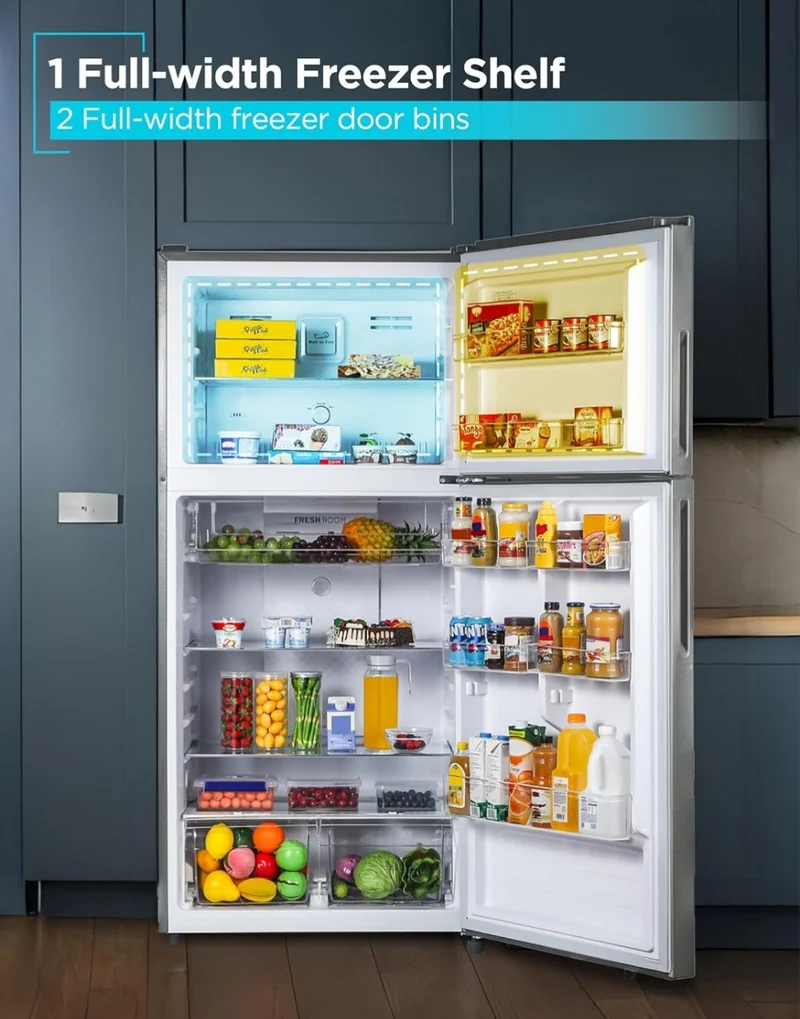 BLACK+DECKER 16.4 Cu. Ft. Top Mount Refrigerator with Freezer, 2 Door Refrigerator with Top Freezer and Separate Temperature Controls, Auto Defrost, Full Size, BR1640KS, Stainless Steel Look