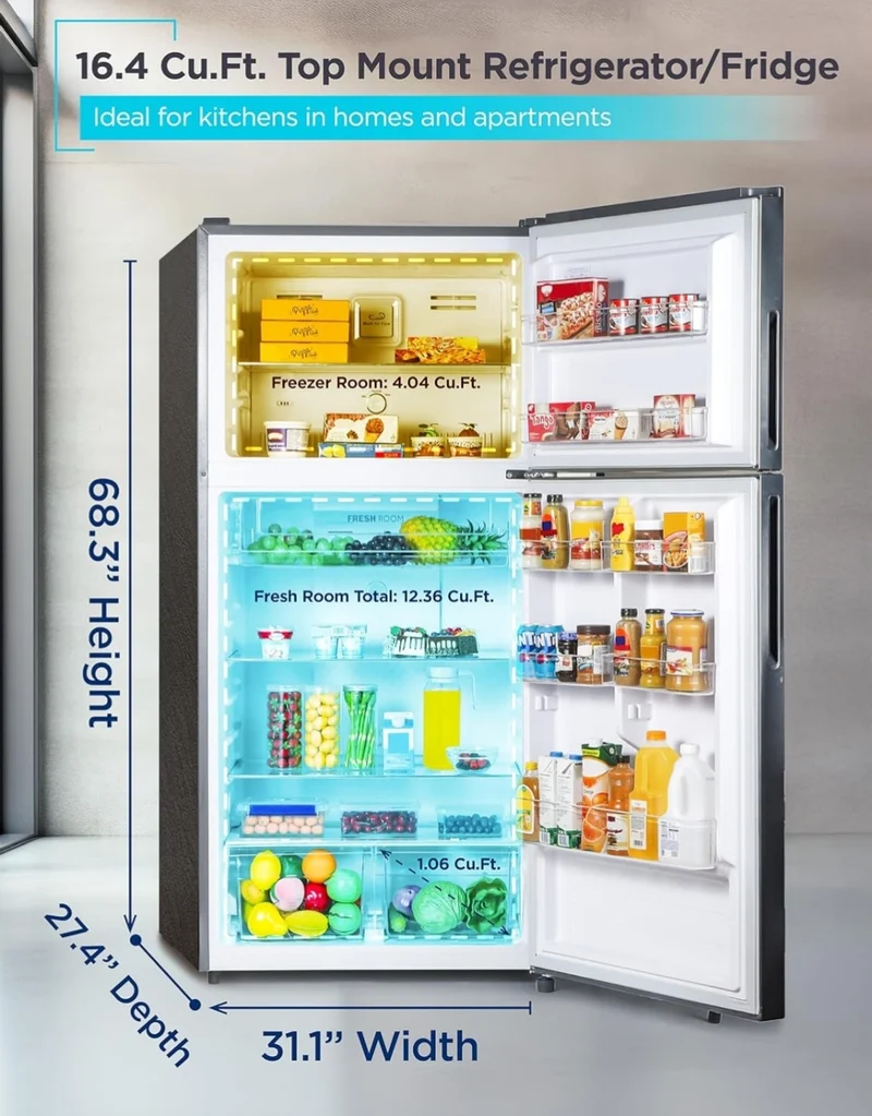 BLACK+DECKER 16.4 Cu. Ft. Top Mount Refrigerator with Freezer, 2 Door Fridge with Separate Temperature Controls, Auto Defrost, Full Size Kitchen Appliance For Homes and Apartments, BR1640KB, Black