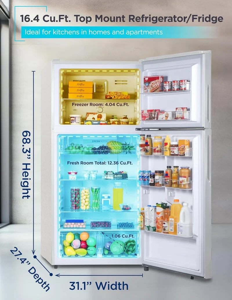 BLACK+DECKER 16.4 Cu. Ft. Top Mount Refrigerator with Freezer, 2 Door Refrigerator with Top Freezer and Separate Temperature Controls, Auto Defrost, BR1640KW, White