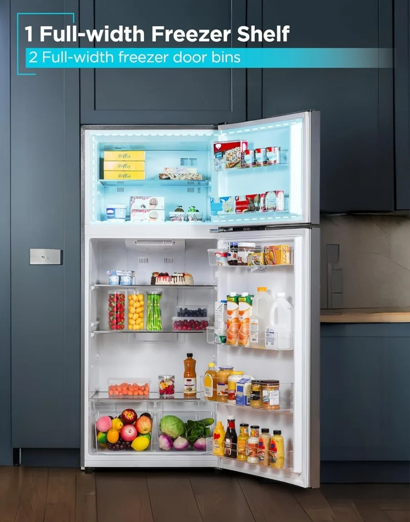 BLACK+DECKER 14.6 Cu. Ft. Top Mount Refrigerator with Freezer, 2 Door Refrigerator with Top Freezer and Adjustable Temperature Control, ENERGY STAR, BR1460HS, Stainless Steel Look