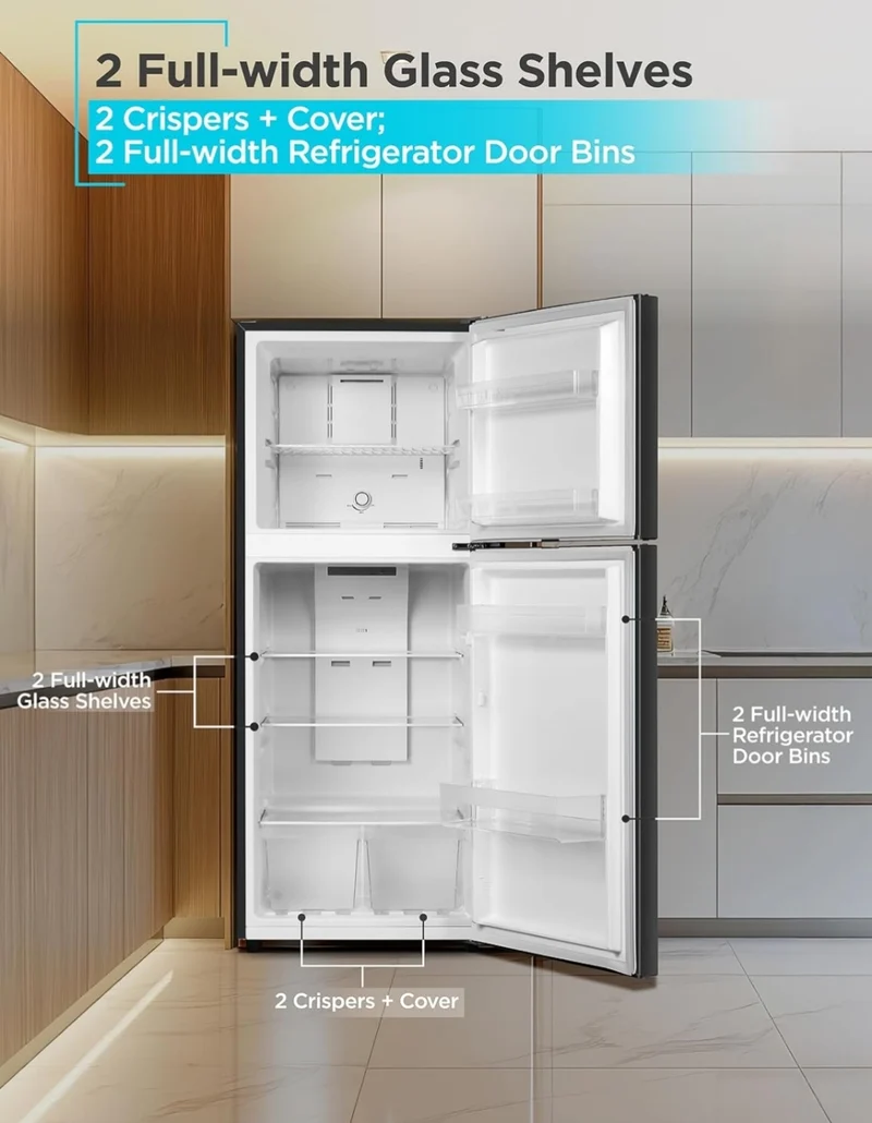 BLACK+DECKER 12.1 Cu. Ft. Top Mount Refrigerator with Freezer, 2 Door Refrigerator with Top Freezer and Adjustable Temperature Control, For Homes and Apartments, ENERGY STAR, BR1210HB, Black