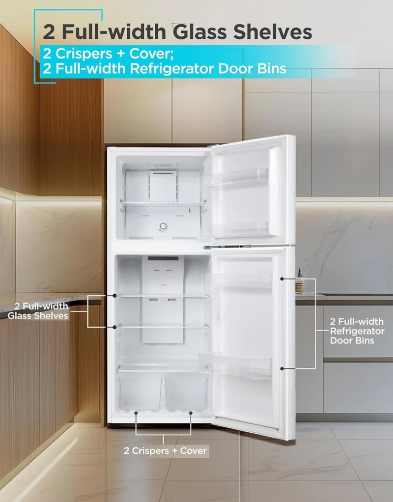 BLACK+DECKER 10 Cu. Ft. Top Mount Refrigerator with Freezer, 2 Door Refrigerator with Top Freezer and Adjustable Temperature Control, ENERGY STAR, BR1000HW, White