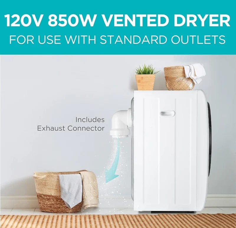 BLACK+DECKER 1.5 Cu. Ft. Compact Dryer, 5.5 lb. Capacity, 850W 120V Vented Electric Drying Machine with Stainless Steel Drum, Portable Dryer for Laundry for Standard Wall Outlet, BCED15, White