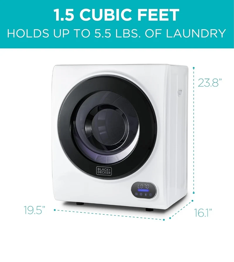 BLACK+DECKER 1.5 Cu. Ft. Compact Dryer, 5.5 lb. Capacity, 850W 120V Vented Electric Drying Machine with Stainless Steel Drum, Portable Dryer for Laundry for Standard Wall Outlet, BCED15, White