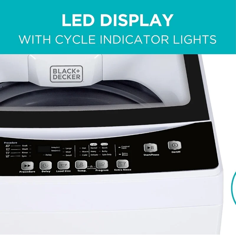 BLACK+DECKER 3.0 Cu. Ft. Portable Washer, 26.5 lb. Capacity Washing Machine, 6 Cycles, Quick Connect Sink Adapter and Drain Hose Included, Transparent Lid & LED Display, BPW30MW, White