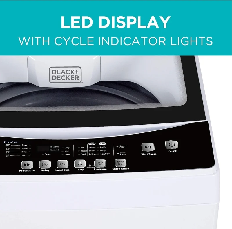 BLACK+DECKER Small Portable Washer, Washing Machine for Household Use, Portable Washer 1.7 cu.Ft with 10 Cycles, Transparent Lid & LED Display