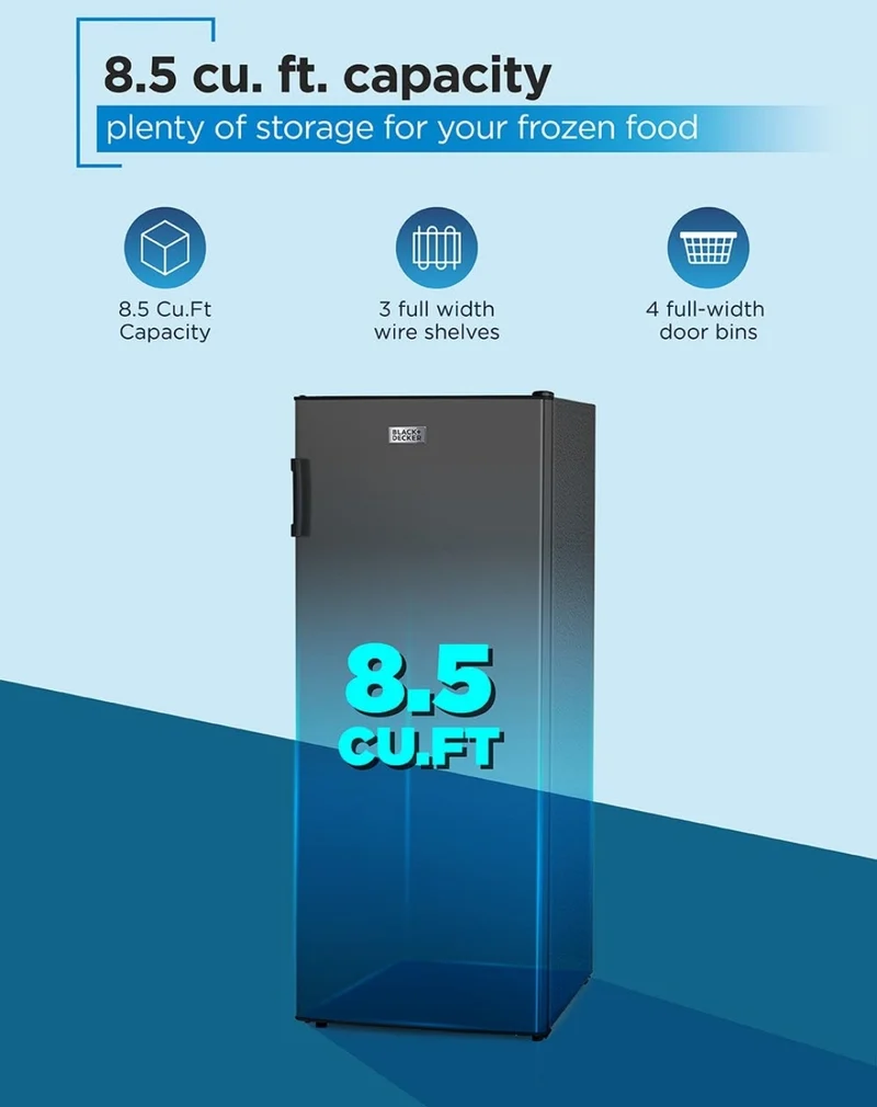 BLACK+DECKER 8.5 Cu. Ft. Upright Freezer, Stand Up Freezer with Mechanical Temperature Control, Freezer Upright with 3 Shelves and 4 Door Bins, Manual Defrost, R600a Refrigerant, BUF850LB, Black