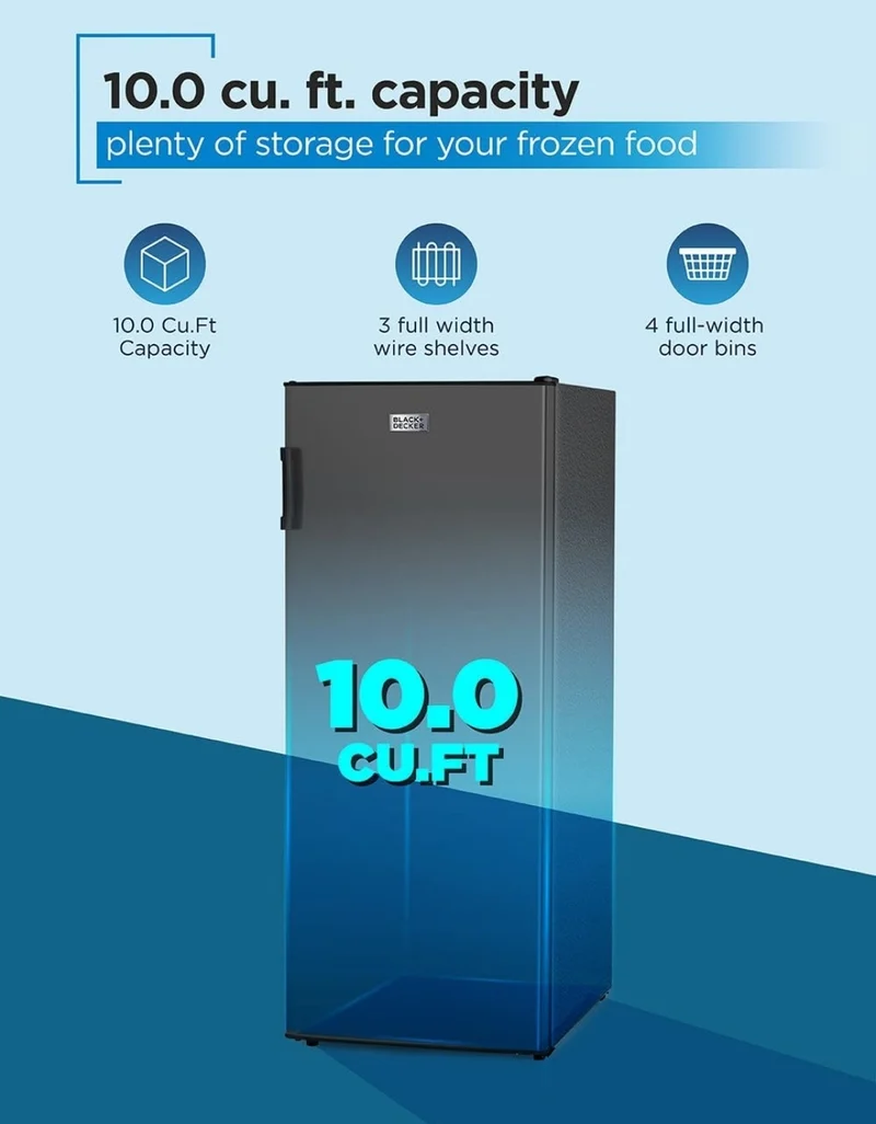 BLACK+DECKER 8.5 Cu. Ft. Upright Freezer, Stand Up Freezer with Mechanical Temperature Control,Freezer with 3 Shelves and 4 Door Bins, Manual Defrost,R600a Refrigerant, BUF850LS,Stainless Steel Look