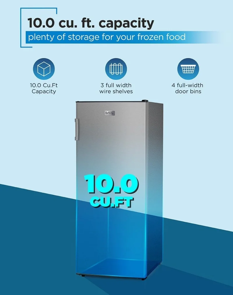 BLACK+DECKER 10 Cu. Ft. Upright Freezer, Stand Up Freezer with Mechanical Temperature Control, Freezer with 3 Shelves and 4 Door Bins, Manual Defrost, R600a Refrigerant, BUF1000LS,Stainless Steel Look