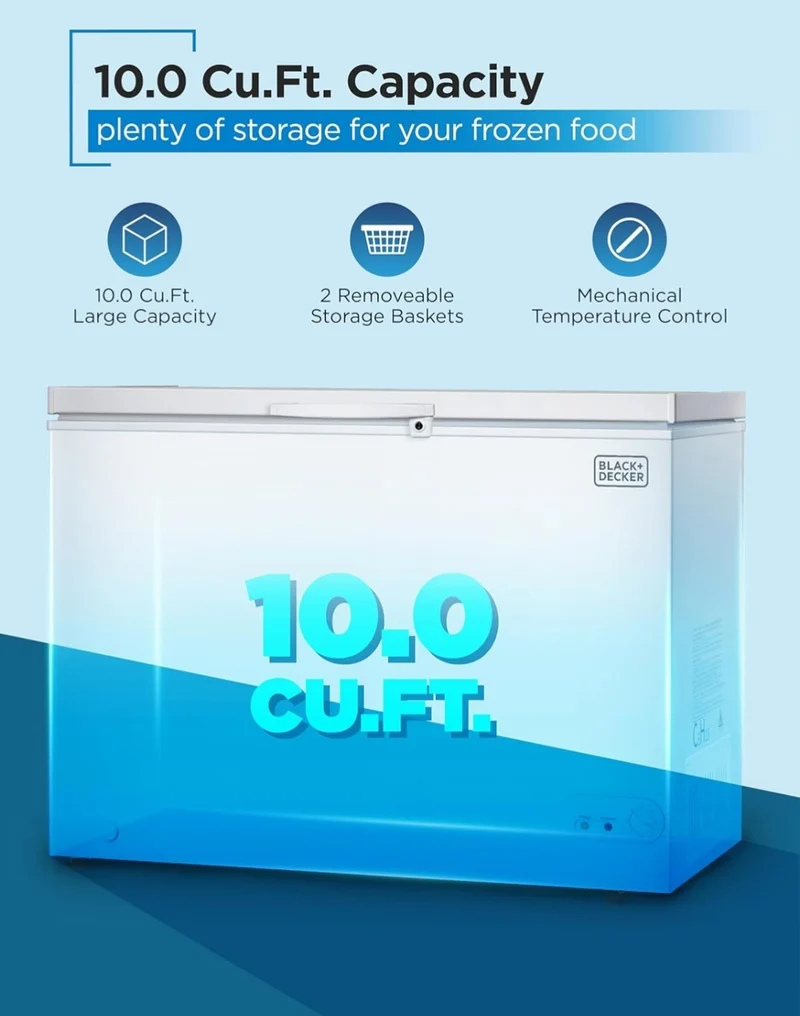 BLACK+DECKER 10 Cu. Ft. Chest Freezer, Deep Freezer with Top Opening, Freezer Chest with 2 Removable Storage Baskets, Mechanical Temperature Control, Manual Defrost, R600a Refrigerant,BCF1000E,White