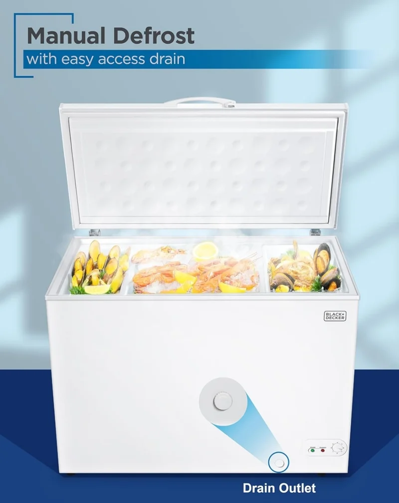 BLACK+DECKER 10 Cu. Ft. Chest Freezer, Deep Freezer with Top Opening, Freezer Chest with 2 Removable Storage Baskets, Mechanical Temperature Control, Manual Defrost, R600a Refrigerant,BCF1000E,White