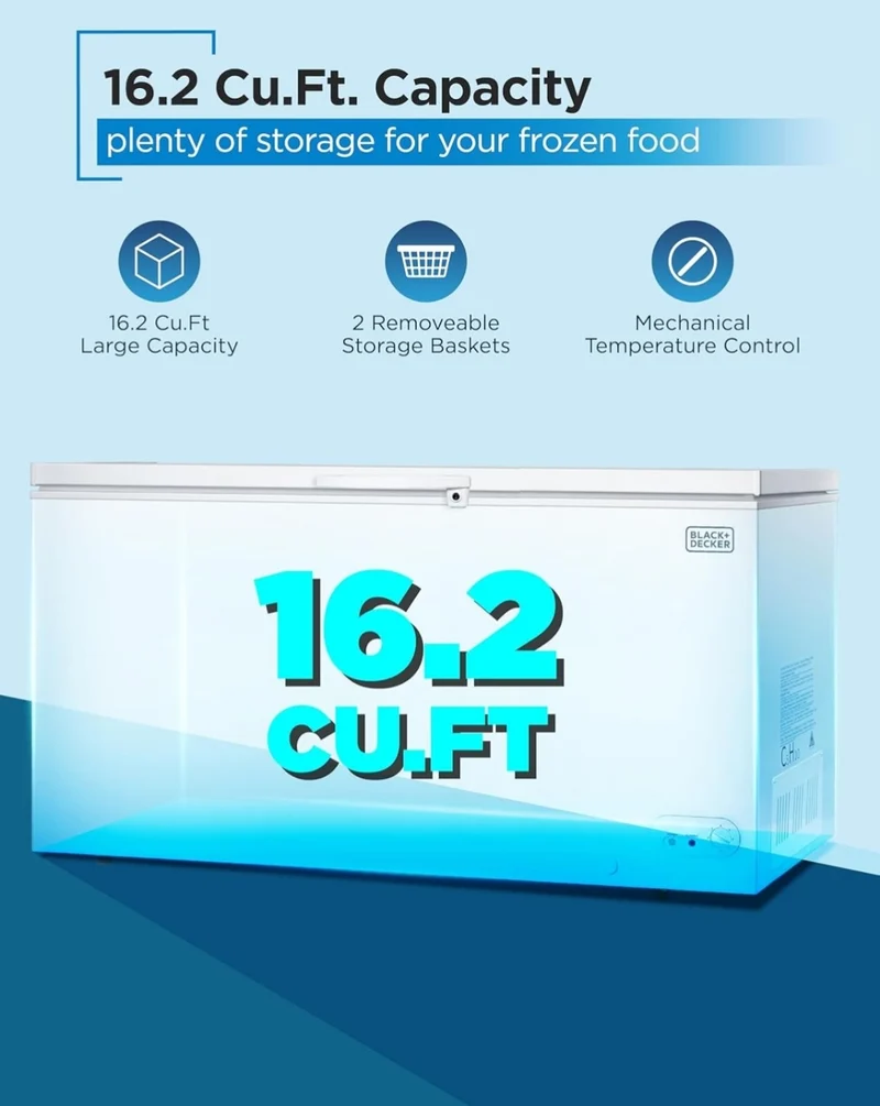 BLACK+DECKER 16.2 Cu. Ft. Chest Freezer, Deep Freezer with Top Opening, Freezer Chest with 2 Removable Storage Baskets, Mechanical Temperature Control, Manual Defrost, R600a Refrigerant,BCF1620E,White