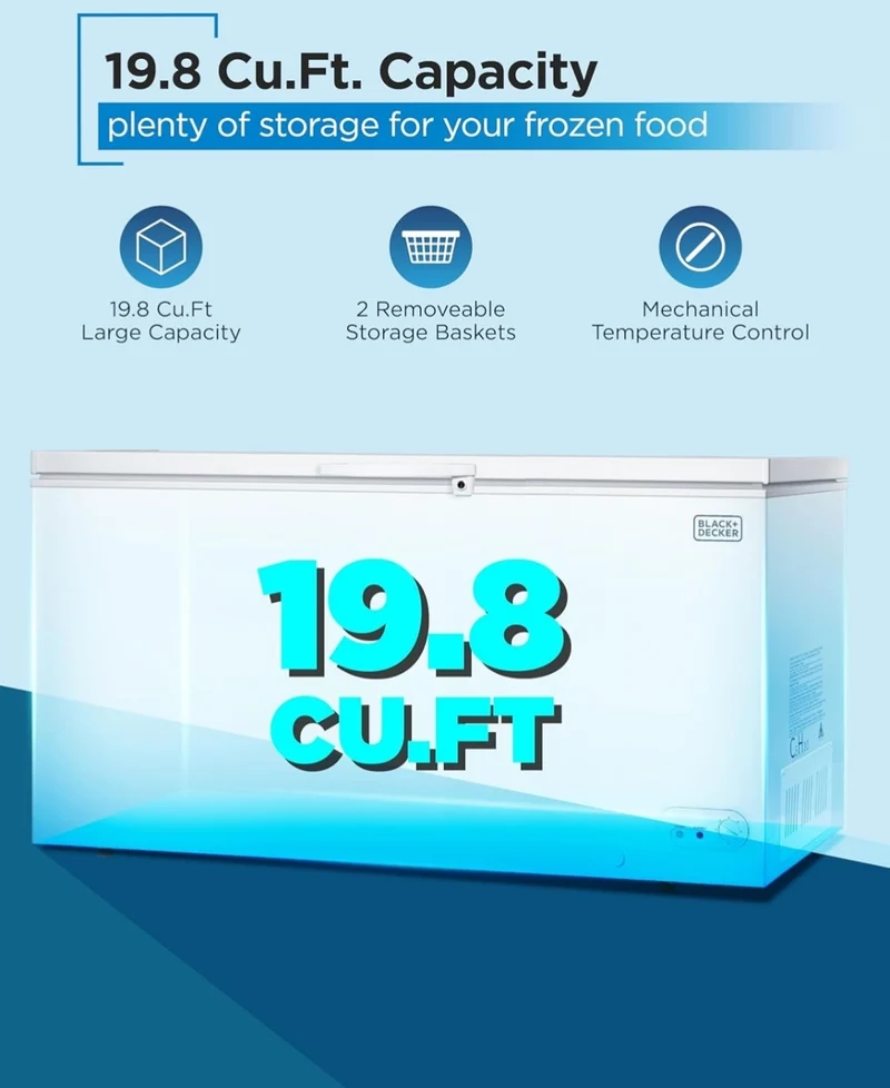 BLACK+DECKER 19.8 Cu. Ft. Chest Freezer, Deep Freezer with Top Opening, Freezer Chest with 4 Removable Storage Baskets, Mechanical Temperature Control, Manual Defrost, R600a Refrigerant,BCF1980E,White