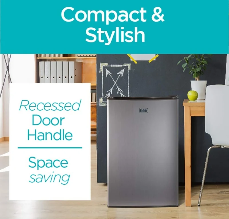 BLACK+DECKER 3.2 Cu. Ft. Compact Refrigerator, ENERGY STAR Certified Small Refrigerator, Single Door Mini Fridge with Freezer, Personal Fridge for Home/Dorm Room, R600a Refrigerant, VCM Stainless Look