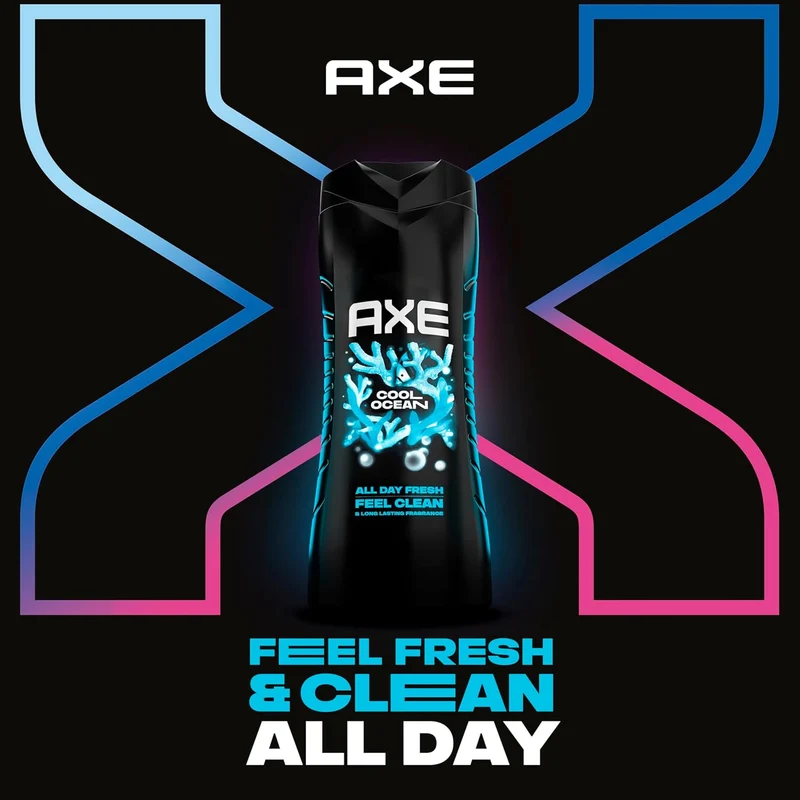AXE Cool Ocean Men's Body Wash With Essential Oils 12H Refreshing Scent Body Wash For Men, Clean and Fresh Scent (16 oz)