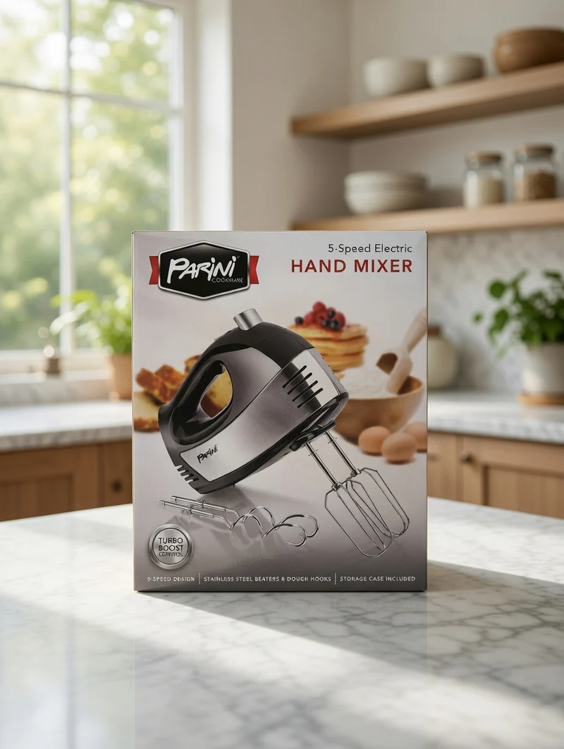 Parini 5-Speed Electric Hand Mixer Turbo Boost Control - Stainless Steel Beaters & Dough Hooks