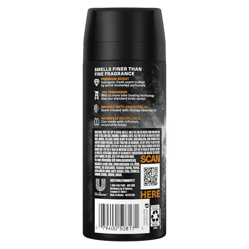 AXE Fine Fragrance Collection Premium Body Spray Black Vanilla with Orange + Sandalwood Aluminum-Free - 4 oz (Pack of 3)