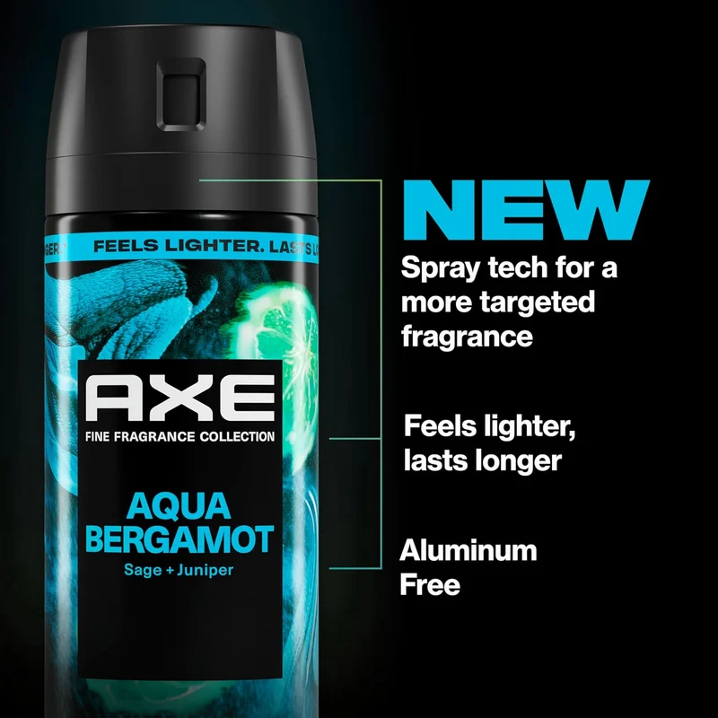 AXE Fine Fragrance Collection Body Spray Aqua Bergamot 72 Hour Freshness Aluminum Free - 2.9 oz (Pack of 3