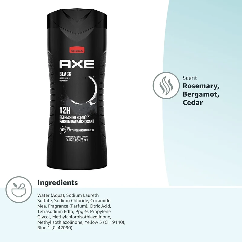 AXE Body Wash 12h Refreshing Scent Cleanser Black Frozen Pear and Cedarwood Men's Body Wash - 100% Plant-Based Moisturizers (16 oz)