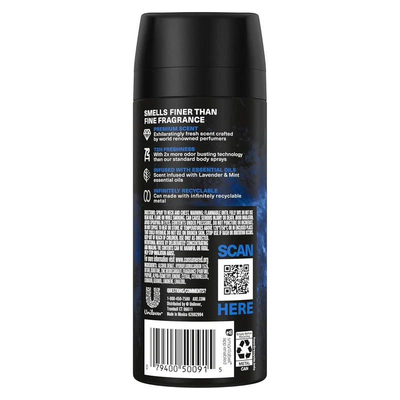 AXE Fine Fragrance Collection Premium Deodorant Body Spray for Men Blue Lavender w/ 72H Odor Protection - 4 oz (Pack of 2)