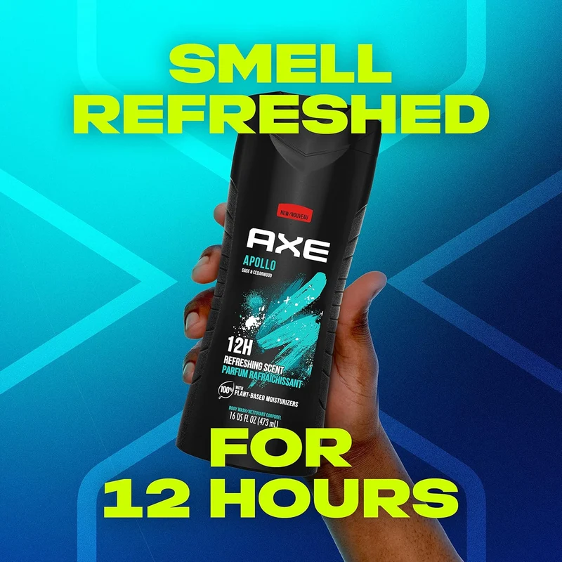 AXE Body Wash for Long Lasting Freshness Apollo Sage and Cedarwood Men's Body Wash with Odor-Busting Prebiotics - 16 oz (Pack of 2)
