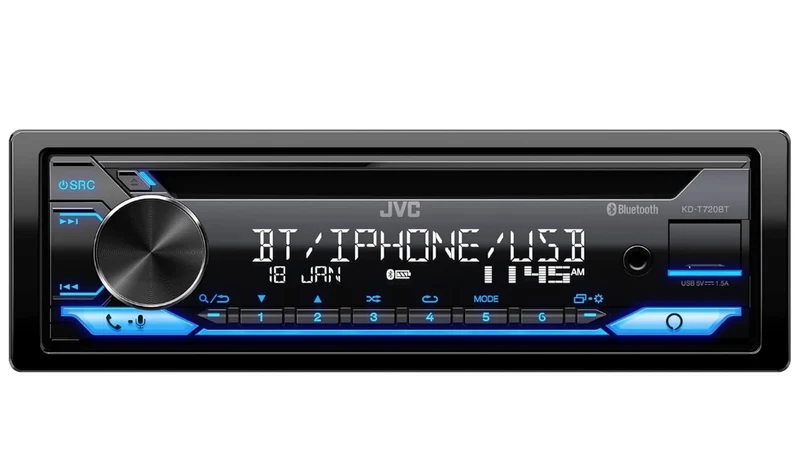 JVC KD-T720BT - CD Car Stereo, Single Din, Bluetooth Audio and Hands Free Calling w External Microphone, CD, MP3, USB, AUX Input AM/FM Radio, High Power Amp, Alexa Voice Control