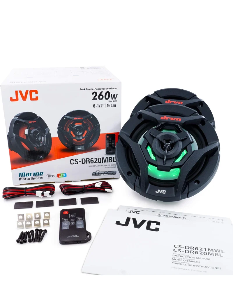 JVC CS-DR621MWL 6.5 Inch Car & Marine, Motor Sports, Car Audio Stereo 2- Way Speakers with Cool Built in RGB LED Lights, Weatherproof IPX5, 260 Watts, UV Protected Grills Included - White