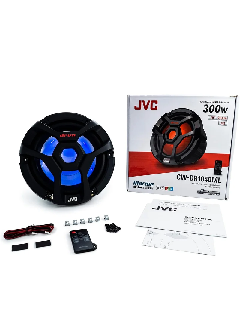JVC CW-DR1040ML 10-Inch RGB Illunimanation Outdoor Marine/Car Audio Subwoofer - 1,300 Watt Single Black Waterproof Bass Loud Speaker for Marine Stereo Sound System