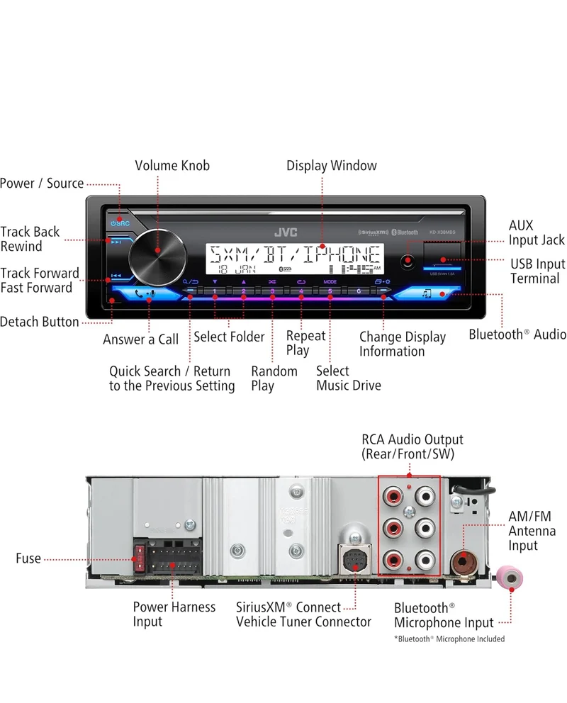 JVC KD-X38MBS Car & Marine Digital Media Receiver with Bluetooth, USB, SiriusXM Ready, Compatible with Amazon Alexa, Conformal Coated PCB