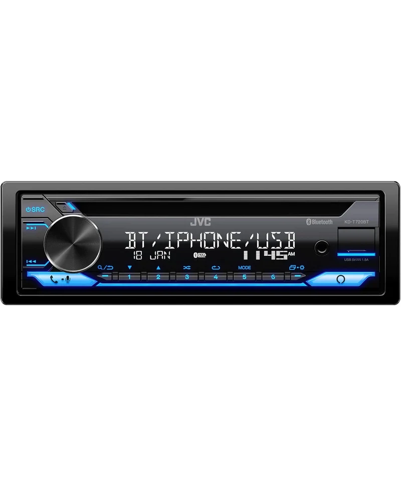 JVC KD-T720BT - CD Car Stereo, Single Din, Bluetooth Audio and Hands Free Calling w External Microphone, CD, MP3, USB, AUX Input AM/FM Radio, High Power Amp, Amazon Alexa Voice Control