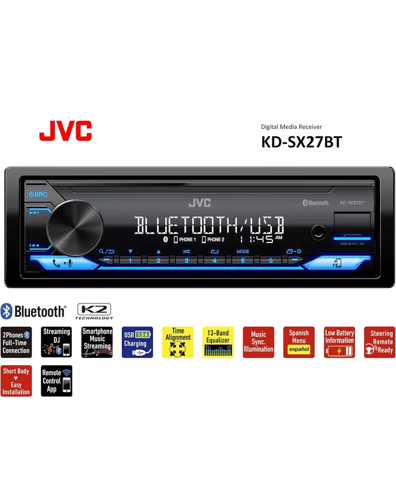 JVC KD-SX27BT Car Stereo with Bluetooth, 100W Digital Media Receiver, 1.5A USB to Charge Devices, Single DIN Head Unit, AM/FM, Aux-in, JVC Remote App